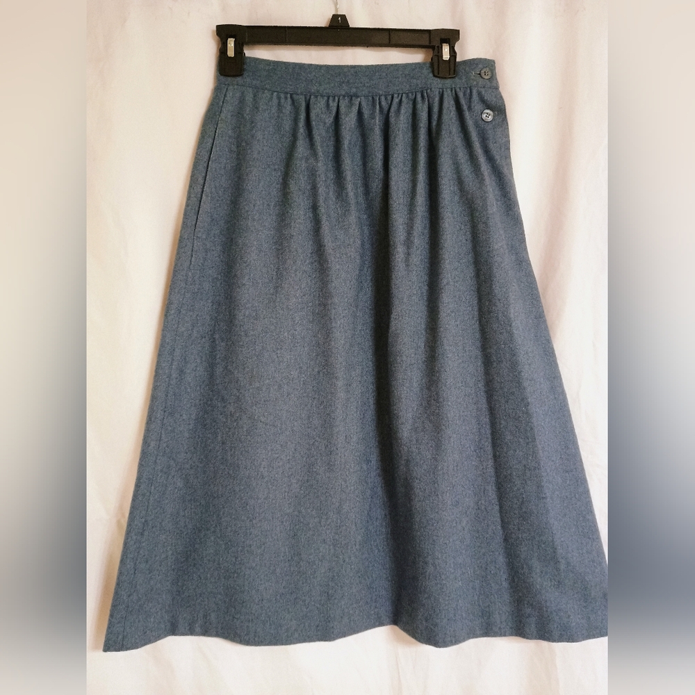Vintage Blue A-Line Wool Women's Midi Skirt 100% Wool